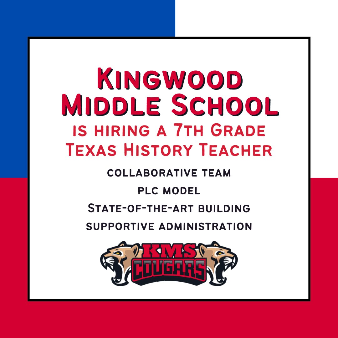 KMS is looking for a passionate and knowledgeable 7th grade Texas history teacher to join our team.  DM, email, or apply online at bit.ly/KMSJobs2024 #KMSCougarPride🐾