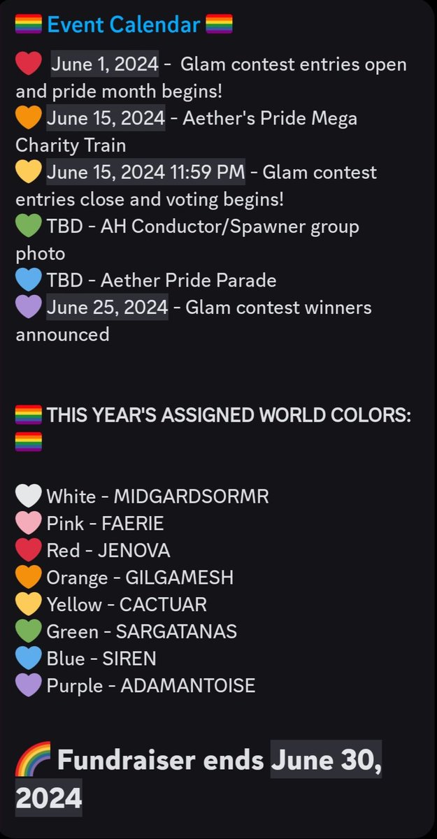 OtheliaFFXIV's tweet photo. Pride month has returned, and as usual, @AetherHunts events are back! We are supporting @TrevorProject again this year with a goal of $6K -  https://t.co/kdp6zFTOsz
We raised $14,319 last year and I hope to match or surpass that this year❤️ 

Event dates are listed in the image! https://t.co/hLOQE4BjQZ