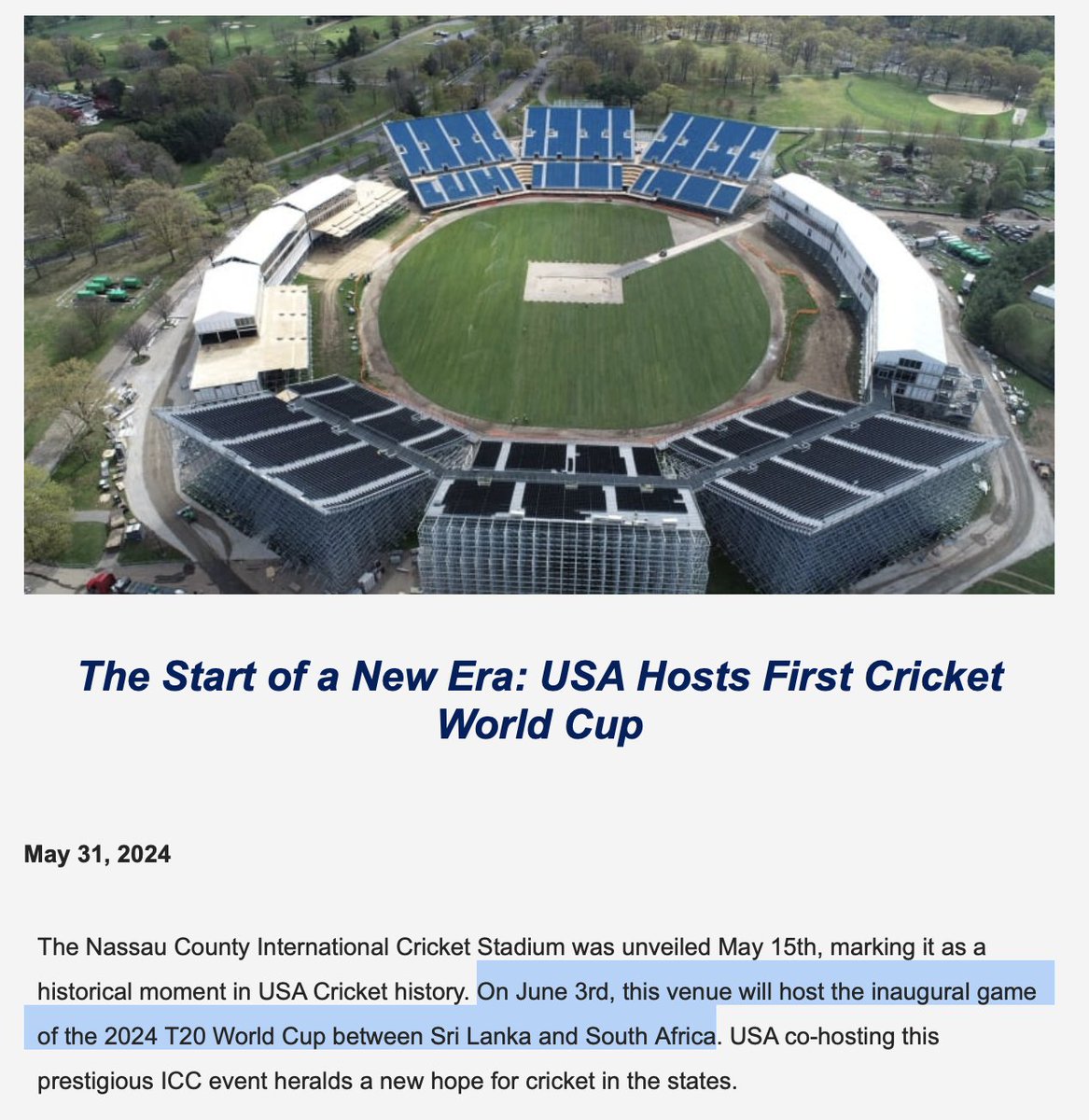 BREAKING NEWS! USA Cricket has unilaterally decided to cancel the USA v Canada match in Texas on June 1 and decided that the Sri Lanka v South Africa contest will in fact be the true opening match of the 2024 T20 World Cup. At least according to a USA Cricket Press release....