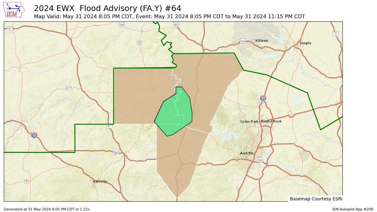 EWX issues Flood Advisory for Blanco, Burnet, Llano [TX] till May 31, 11:15 PM CDT mesonet.agron.iastate.edu/vtec/f/2024-O-…