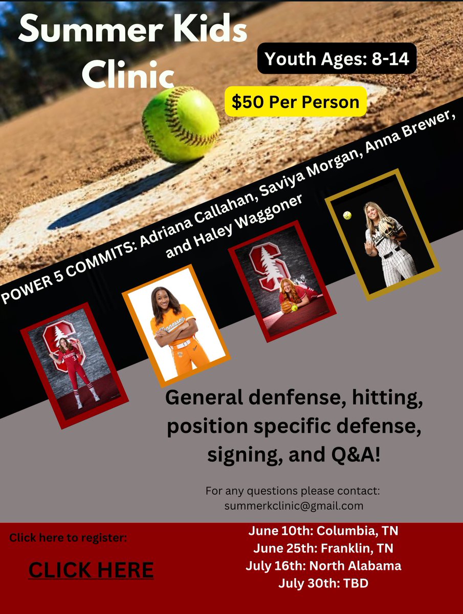 Calling all young girls in Middle TN/North AL area!!! Super excited to be able to host a few clinics with some great girls!!! July 30th location will be announced shortly!! 

Link to sign up:
docs.google.com/forms/d/e/1FAI…
