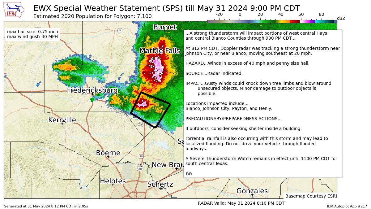 A strong thunderstorm will impact portions of west central Hays and central Blanco Counties through 900 PM CDT [wind: 40 MPH, hail: 0.75 IN] mesonet.agron.iastate.edu/p.php?pid=2024…