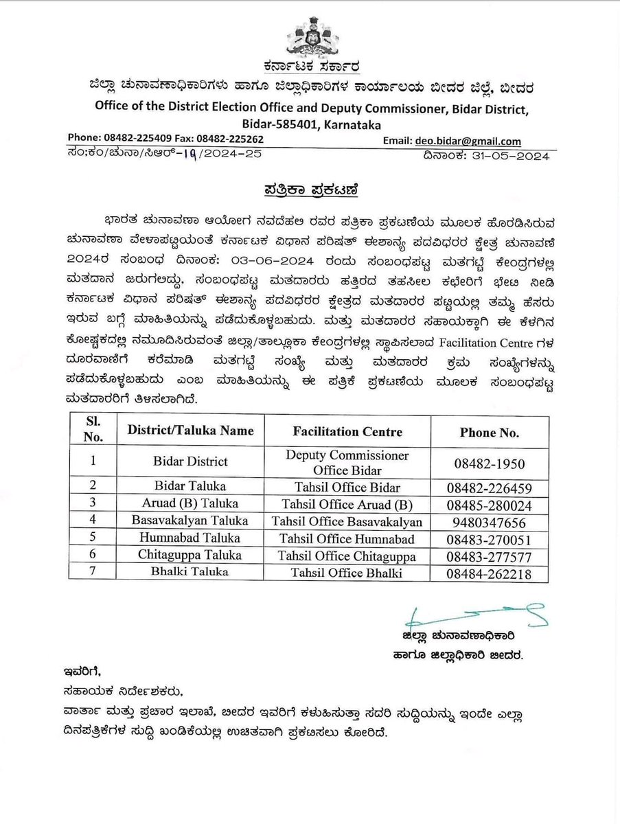 Karnataka North East Graduates' Constituency Bidar District Voter Facilitation Centre Number