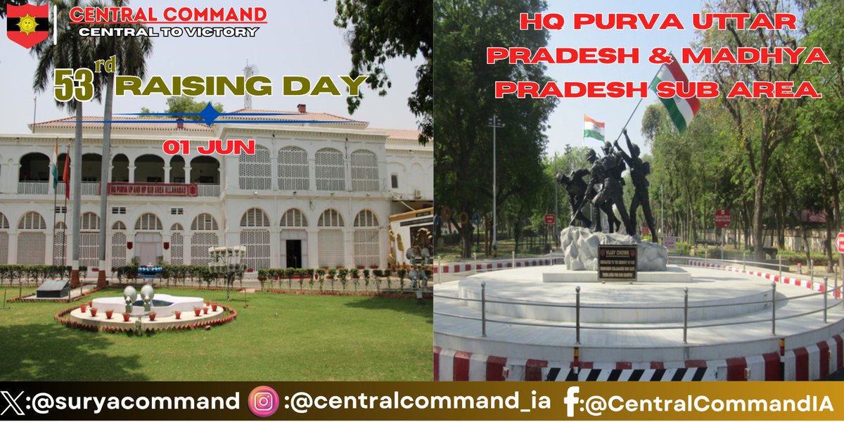 #IndianArmy
On the occasion of the 53rd Raising Day,
#SuryaCommand extends warm greetings to all ranks, defence civilian employees & families of HQ Purva Uttar Pradesh & Madhya Pradesh Sub Area.
@adgpi 
@adgpi
@ProDefLko
@PROdefprayagraj
@PIB_India
@HQ_IDS_India
@PRODefDehradun