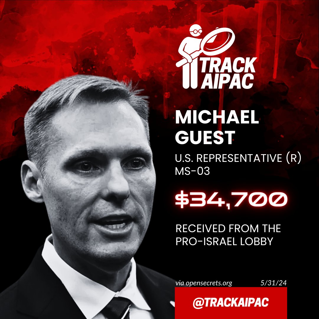 TrackAIPAC's tweet photo. Michael Guest has been begging for a pay raise from his friends at AIPAC. He has collected just under $35,000 from the Israel lobby so far. #MS03 #RejectAIPAC https://t.co/uTF2Uuy4we