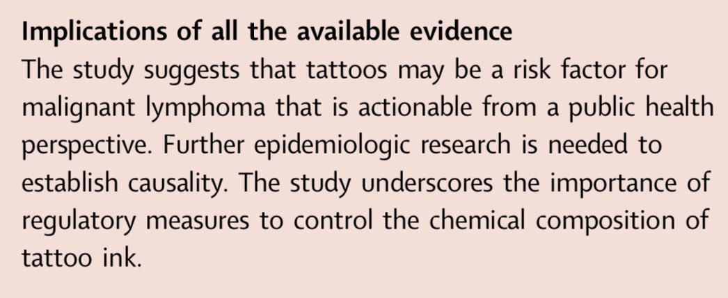 Un estudio sugiere que los tatuajes serían un factor de riesgo para sufrir linfoma. Las personas tatuadas tendrían un 21% más de riesgo de sufrir linfoma de células B, particularmente linfoma difuso de células B grandes y linfoma folicular. sciencedirect.com/science/articl….