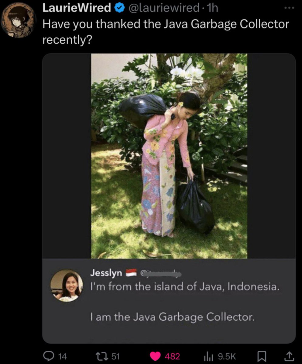 PR0GRAMMERHUM0R's tweet photo. thankYouJavaGarbageCollector https://t.co/3yDttVZ0iu https://t.co/xbS1iOXX0R