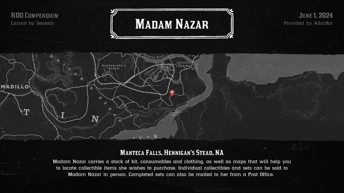 Today, June 1, 2024, Madam Nazar is at Manteca Falls.

'On a still day, you can hear the Manteca Falls from here.' - Madam Nazar

#RedDeadOnline #MadamNazar #NazarFinder