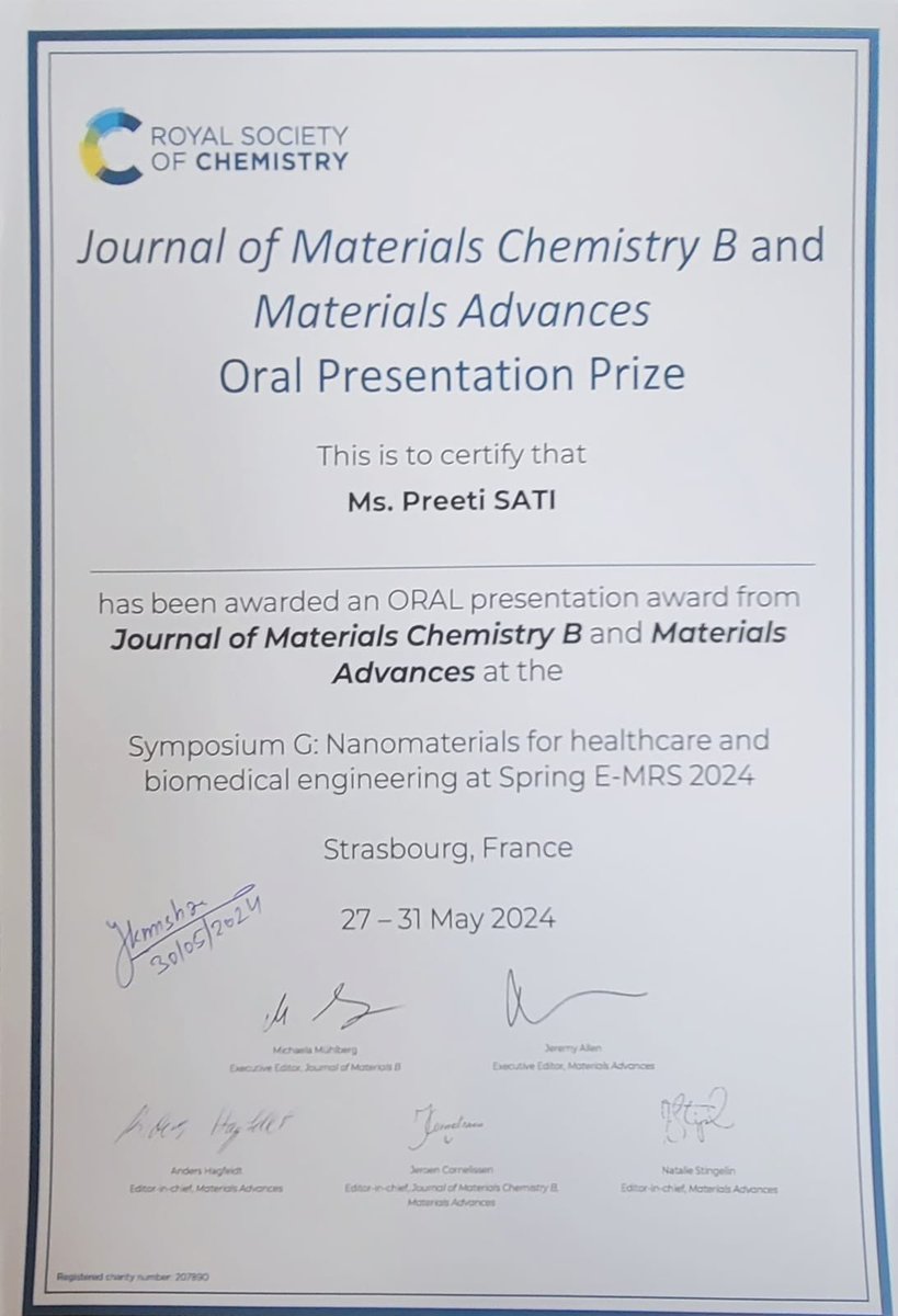 sati_preeti's tweet photo. Honored to receive the Oral Presentation Prize at spring meeting of the European Materials Research Society 2024 #emrs. 
Grateful for the positive response of my work. @RoySocChem @IITKanpur https://t.co/8FIhNavtu3