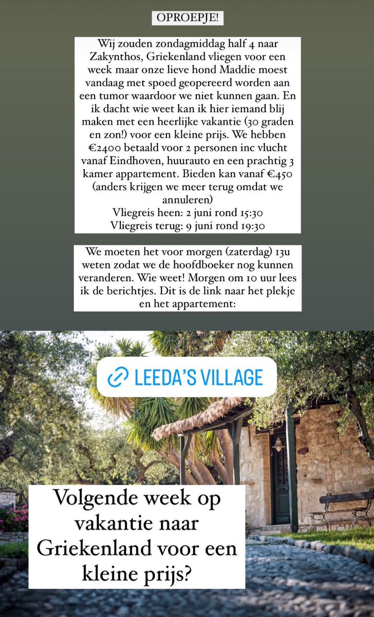 Mijn zusje moet haar vakantie annuleren ivm spoedoperatie van haar hond. Weekje Zakynthos in prachtig appartement. leedas-villas.com/leedas-village… Kosten: 2.400 voor 2 pers, incl huurauto + vlucht. Vertrek morgen om 15:30 uur. Bieden kan vanaf 450,- Pls RT!