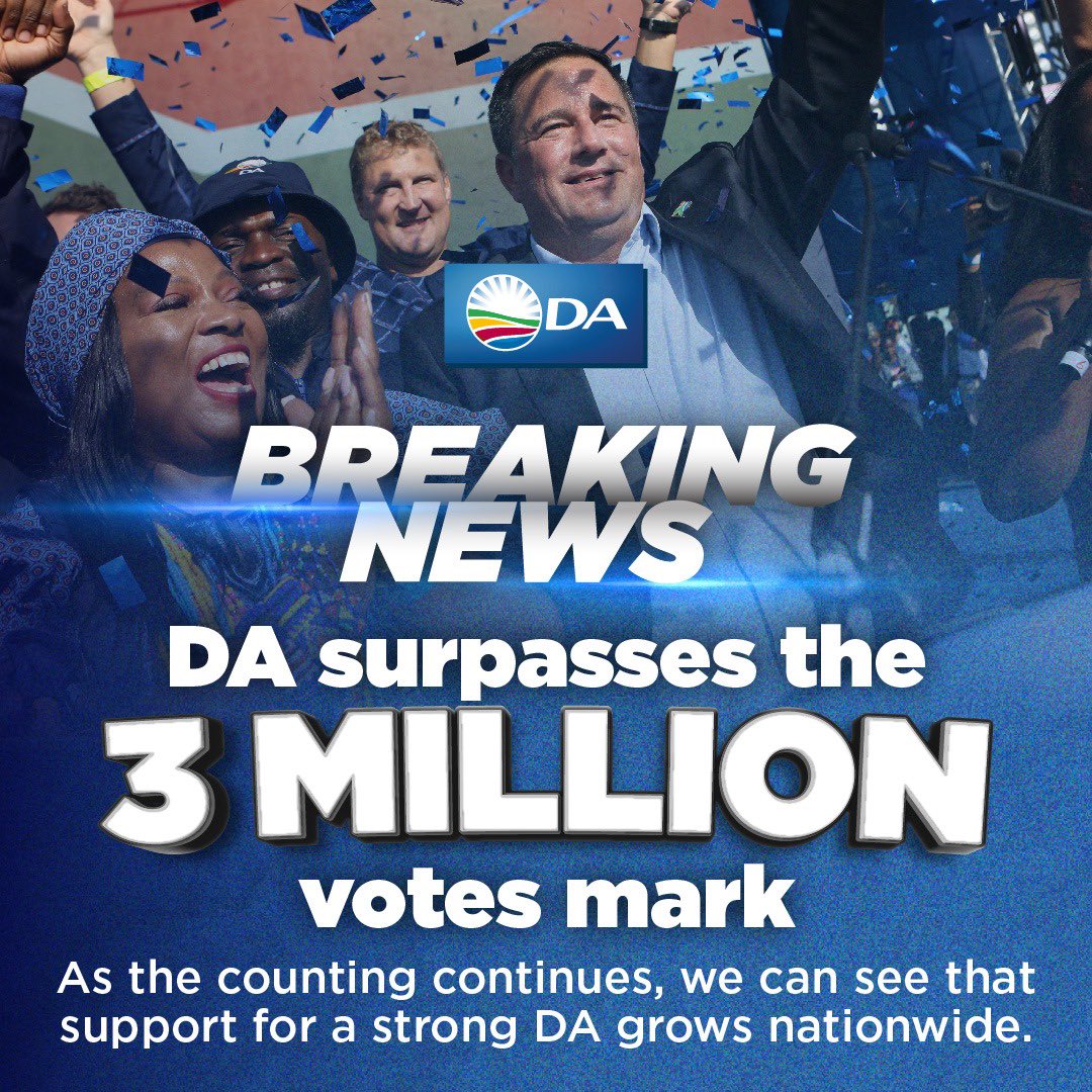 🚨 BREAKING: As counting continues the DA has now secured over 3 million votes! The DA has registered significant growth in the Free State, Mpumalanga, Limpopo, the North West, and elsewhere, as more people united to rescue South Africa. Enkosi Mzansi. 🇿🇦 #RescueSA