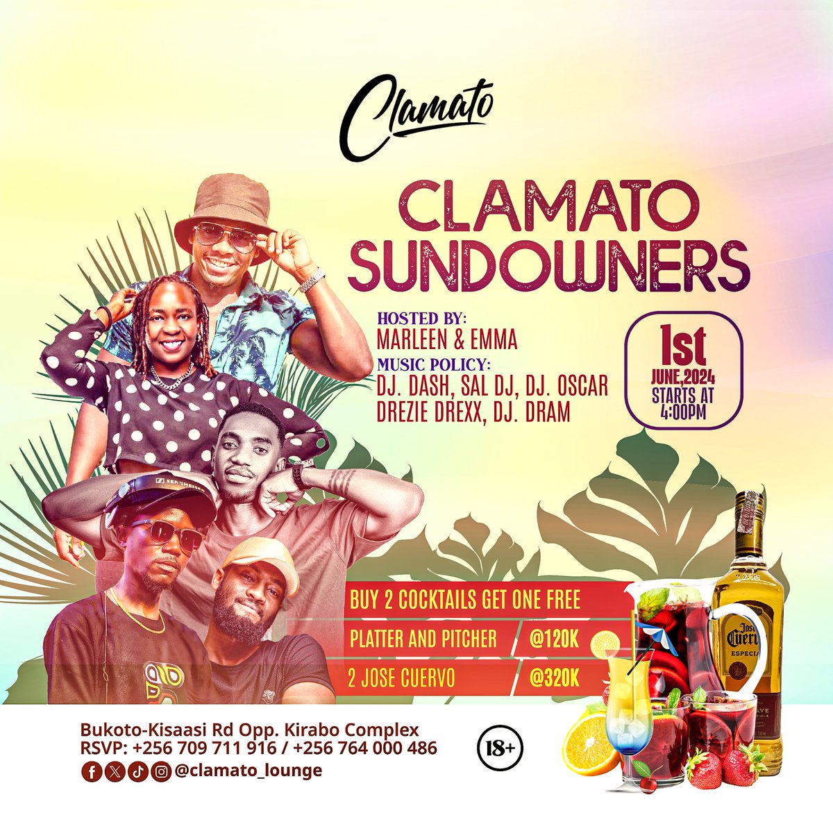 Today the platter and pitcher is at 120k. Fall in as we take on the #ClamatoSundowners tonight. And don’t forget once you buy 2 cocktails, you get one for free. Groove to the beats of DJ Dash, Sal DJ, DJ Oscar, Drezie Drexx and DJ Dram