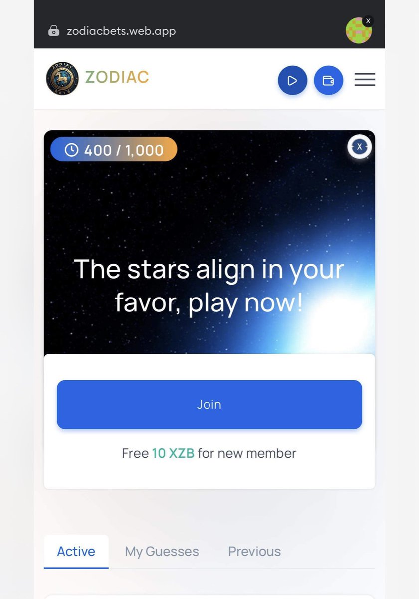 ⭐️HOW TO JOIN and PLAY⭐️

✅Install MetaMask
✅Open MetaMask and create your wallet 
✅Use the MetaMask in-app browser to open https:// zodiacbets.web.app
✅Join Zodiac and start playing! 
✅Web3 Zodiac 

🎯Click the webpage then follow the instructions above.