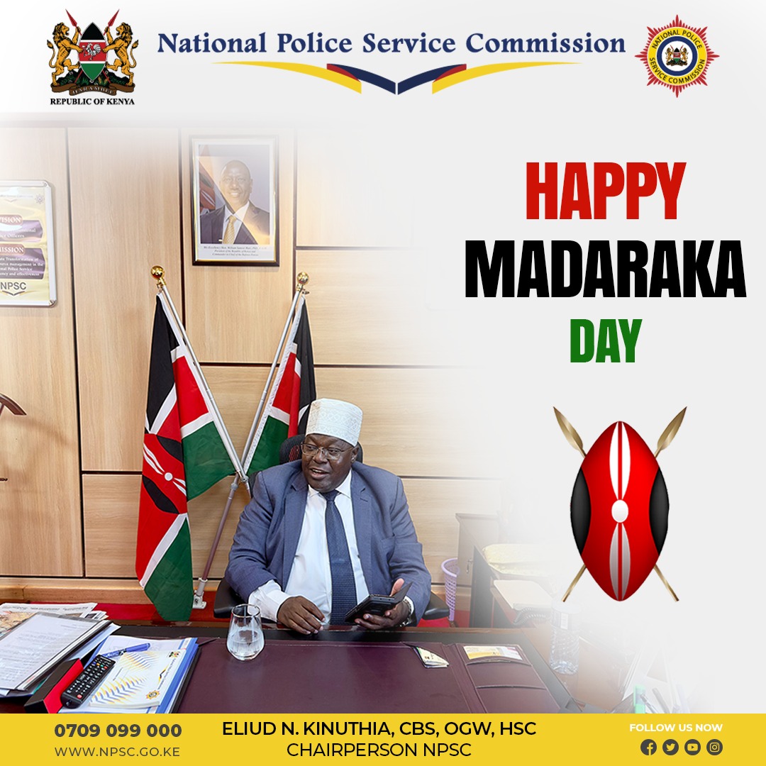 ENKinuthia's tweet photo. I wish the staff of The National Police Service Commission and all Kenyans a Happy Madaraka Day.

To our gallant Police Officers and Civilian staff, I salute you!
#MadarakaDay
@NPSC_KE 
@NPSOfficial_KE @APSKenya @PoliceKE https://t.co/Vk6ieyjrJP