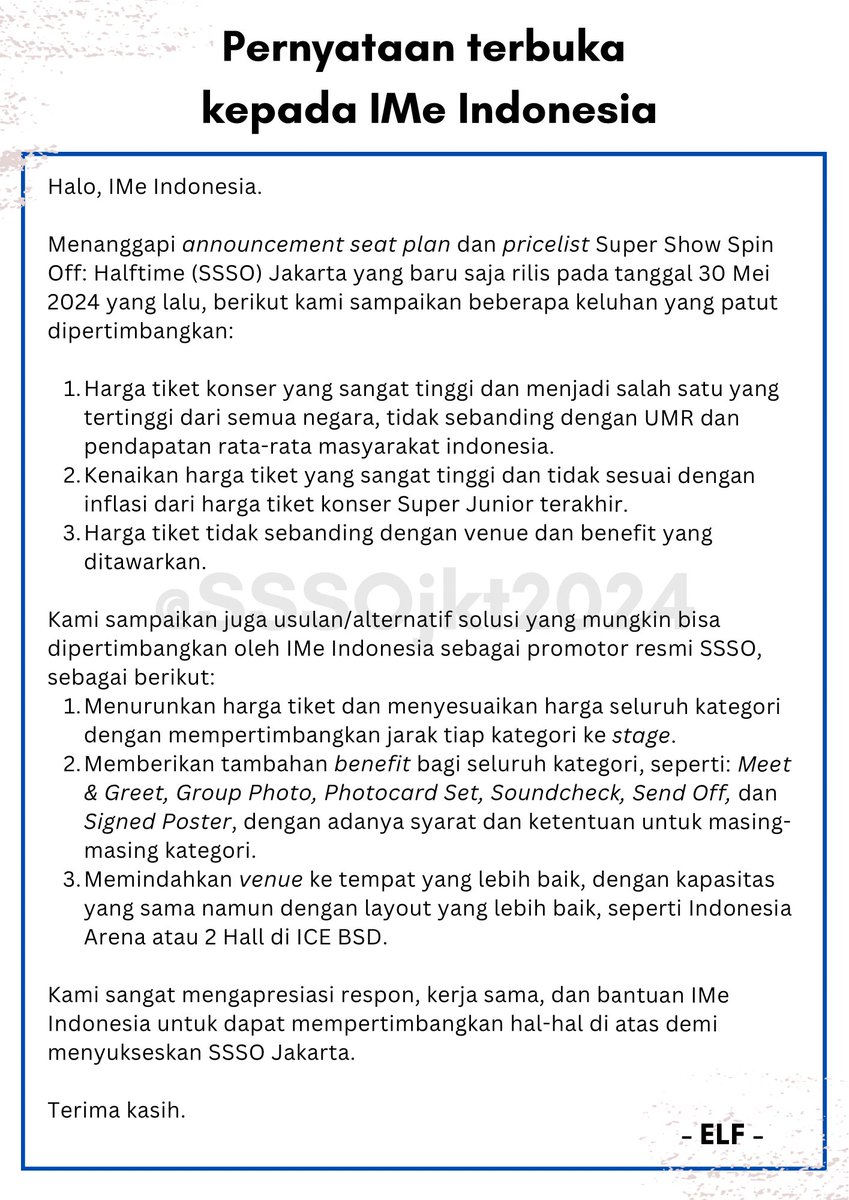 Ini besok ELF anniversary, gw bukannya happy happy malah demo. Ime buruan tobat napa!!!!

PLEASE EVALUATE THE PRICE FOR SUPER SHOW SPIN OFF: HALFTIME IN JAKARTA ⚠️⚠️⚠️

@ime_indonesia @SMTOWN_Idn 
@SJofficial
#LowerPriceforSSSOJakarta
#IMedobetterforSSSOJakarta