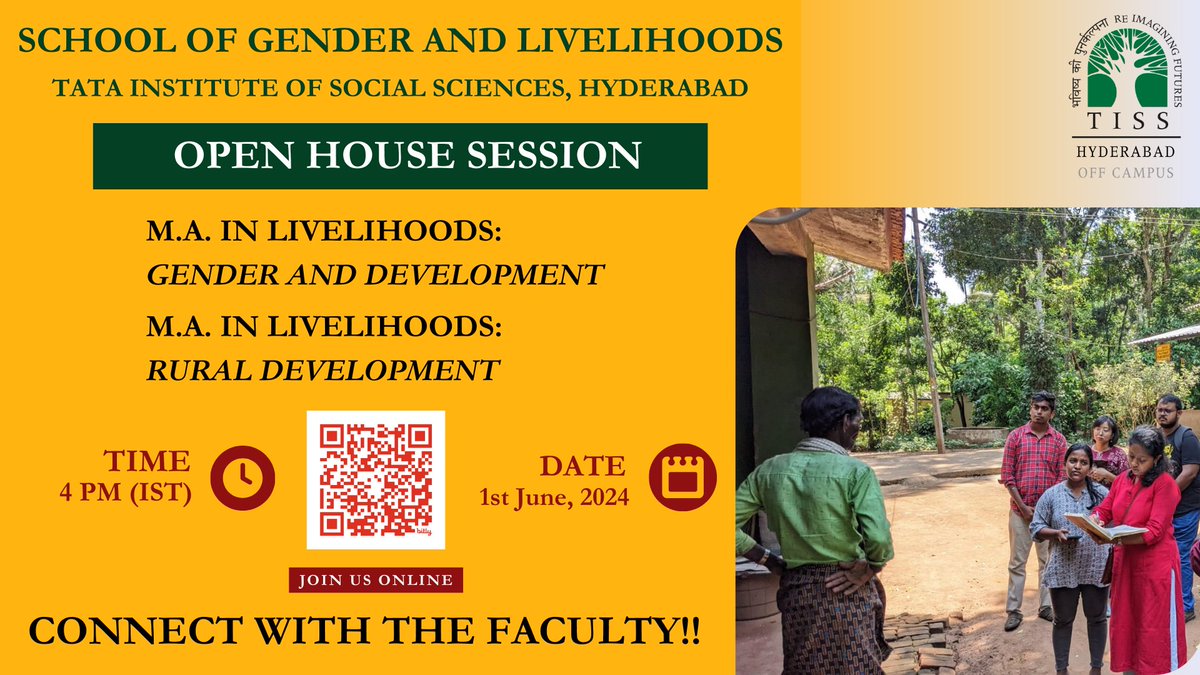 SGL_tiss's tweet photo. Join the Open House session with the School of Gender and Livelihoods faculty to know more about the programmes, prospects and process!

🗓1st June, 2024
⏰4 pm IST
📍Live on Zoom

Register in advance here: https://t.co/ECDOMQMK54

@OffTiss @TISSpeak https://t.co/gI2w1w6xGS