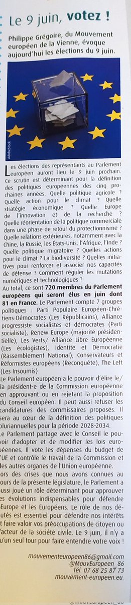 phgregoire's tweet photo. Cette semaine dans @le7info retrouvez mon article sur les #Europénnes2024 🇪🇺 @MouvEuropeen_86 @MouvEuropeen_Fr Le 9 juin, il n'y a qu'un seul tour et c'est une élection importante. Les enjeux sont majeurs pour notre avenir.
https://t.co/hKvYRLgiRT https://t.co/DjCPOATdg7