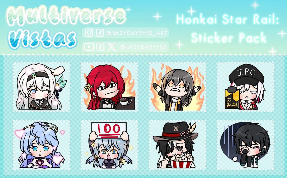hazydayyyss's tweet photo. Here's my sticker pack for the HSR #MultiverseVistas event! ^^ 

Inspired by a lot of the shenanigans that happened in Peanacony 

⸜(｡˃ ᵕ ˂ )⸝♡ 

#honkaistarrail #hsrfanart https://t.co/6GB0GB6lEk