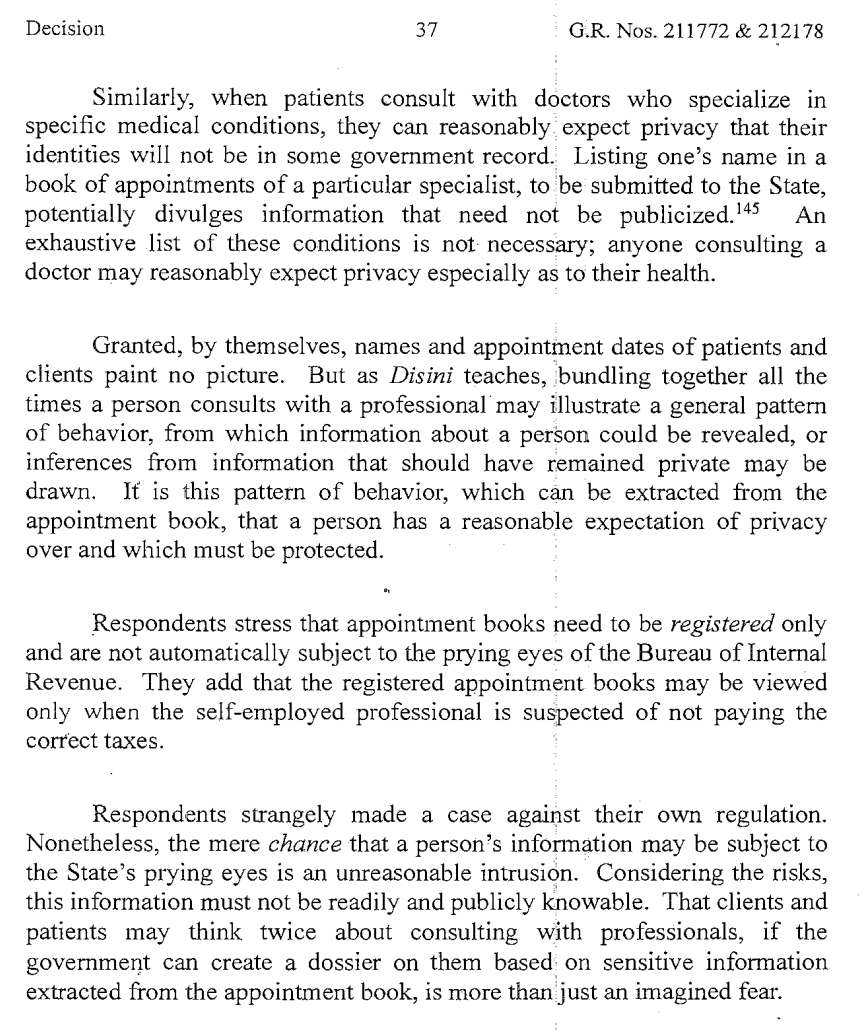 ohlistic's tweet photo. The privacy discussion in IBP v. Purisima is straight-forward. Clients have a reasonable expectation of privacy that the record of their appointments with lawyers, doctors, accountants and other professionals will not end up in a government record, such as the BIR's. https://t.co/Ugq7OuNmT5