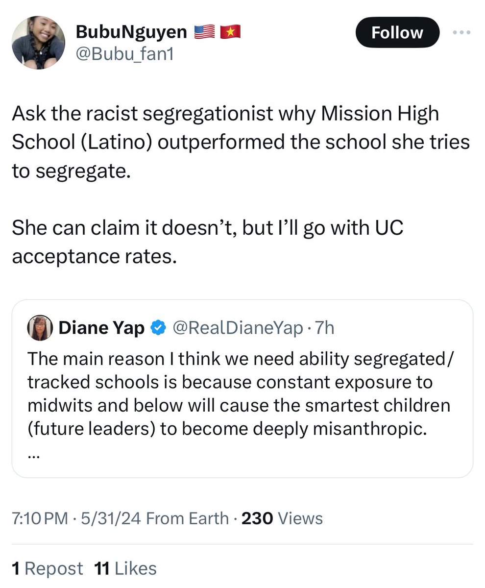 Mission high did indeed have a higher acceptance rate to UC Berkeley than Lowell. 

Why? She said it in her tweet: the UCs know it’s full of Latinos and that’s how they do affirmative action now. 

It’s certainly not based on merit: look at AP completion and state tests.