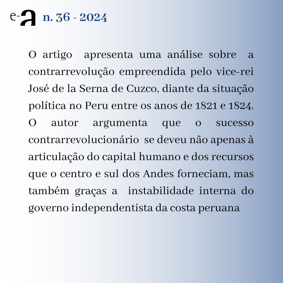 🎯 Novo artigo publicado! O historiador Patricio Luna apresenta uma análise sobre a importância da contra-revolução empreendida pelo vice-rei José de la Serna de Cuzco face à situação política do Peru (entre 1821 e 1824).

📷 Confira o texto no link: periodicos.unifesp.br/index.php/alm/…