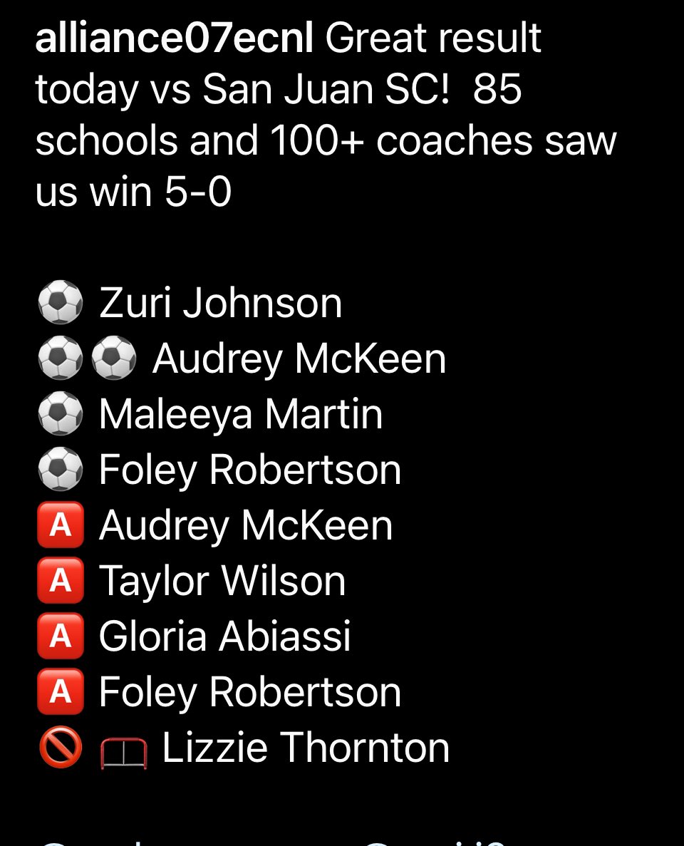 Northern Virginia Alliance ECNL 2007 (@allianceecnl07) on Twitter photo Great result & 100+ coaches!
⚽️ <a href="/zuridwjohnson/">Zuri Johnson - 2026 - #2</a>
⚽️⚽️ <a href="/audrey_mckeen/">Audrey McKeen (2027)</a>
⚽️ <a href="/maleeyamartin/">Maleeya Martin</a>
⚽️ <a href="/FoleyRobertson/">Foley Robertson</a>
🅰️ <a href="/audrey_mckeen/">Audrey McKeen (2027)</a>
🅰️ <a href="/TayWilsonSoccer/">Taylor Wilson</a>
🅰️ <a href="/FoleyRobertson/">Foley Robertson</a>
🅰️ <a href="/AbiassiGloria42/">Gloria Abiassi</a>
🚫 🥅 <a href="/LZThornton31/">Elizabeth Thornton</a>
<a href="/ImCollegeSoccer/">College Soccer Truth ™</a> <a href="/ImYouthSoccer/">ECNL/GA/Recruiting/College Soccer</a> <a href="/TheSoccerWire/">SoccerWire</a> <a href="/TopDrawerSoccer/">TopDrawerSoccer</a> Great result & 100+ coaches!
⚽️ <a href="/zuridwjohnson/">Zuri Johnson - 2026 - #2</a>
⚽️⚽️ <a href="/audrey_mckeen/">Audrey McKeen (2027)</a>
⚽️ <a href="/maleeyamartin/">Maleeya Martin</a>
⚽️ <a href="/FoleyRobertson/">Foley Robertson</a>
🅰️ <a href="/audrey_mckeen/">Audrey McKeen (2027)</a>
🅰️ <a href="/TayWilsonSoccer/">Taylor Wilson</a>
🅰️ <a href="/FoleyRobertson/">Foley Robertson</a>
🅰️ <a href="/AbiassiGloria42/">Gloria Abiassi</a>
🚫 🥅 <a href="/LZThornton31/">Elizabeth Thornton</a>
<a href="/ImCollegeSoccer/">College Soccer Truth ™</a> <a href="/ImYouthSoccer/">ECNL/GA/Recruiting/College Soccer</a> <a href="/TheSoccerWire/">SoccerWire</a> <a href="/TopDrawerSoccer/">TopDrawerSoccer</a>