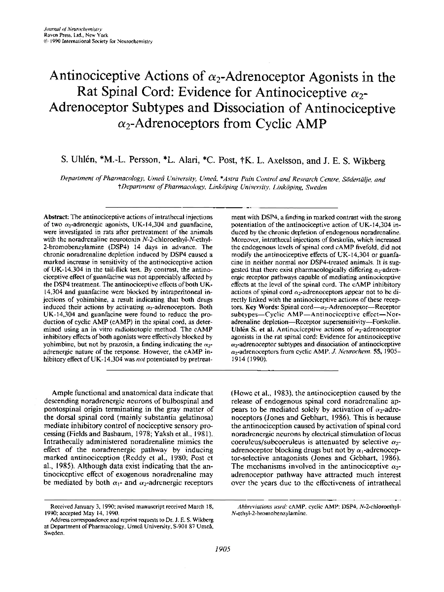 Antinociceptive actions of alpha 2-adrenoceptor agonists in the rat spinal cord: evidence for antinociceptive alpha 2-adrenoceptor subtypes and dissociation of antinociceptive alpha 2-adrenoceptors from cyclic AMP eurekamag.com/research/007/0…