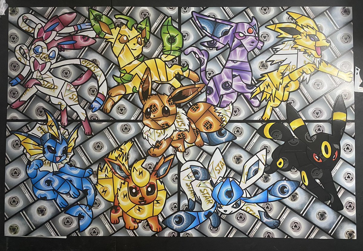 This is the most ambitious piece I’ve done yet. 24x36 eeveelutions made from energy cards. This piece will be available for sale at the collectibles show in crawfordsville IN on June 15th.