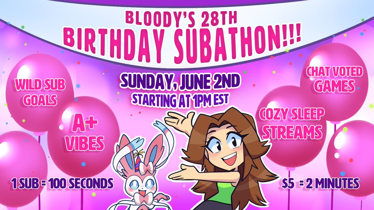 AYOO MY BIRTHDAY IS ON SUNDAY

AND I’M DOING A SUBATHON!!!! 

historically the vibes have been IMMACULATE and I’ve got a BUNCH of cool stuff planned ~

so pls come check it out and say happy birthday on Sunday!!

I am very excited and not at all nervous LETSGOOOOOO