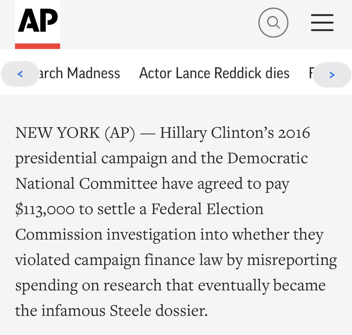 In 2022, Hillary Clinton quietly settled a campaign finance violation over reporting the *Steele Dossier* funding as ‘legal services’ She paid a fine and was never even charged with anything You will never find a Democrat who has a problem with this