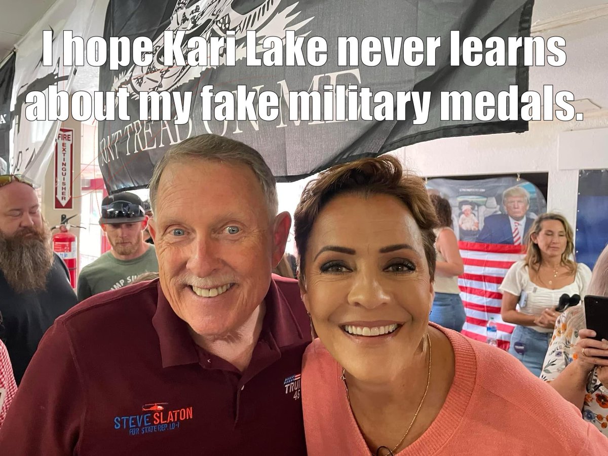 Seems like Kari Lake just missed out on winning over the veteran vote. Despite Slaton's tall tales of serving in Vietnam and his collection of counterfeit medals, Lake couldn't resist a chance for a photo op. Hey, did Slaton ever show off his so-called Vietnam medal to you?