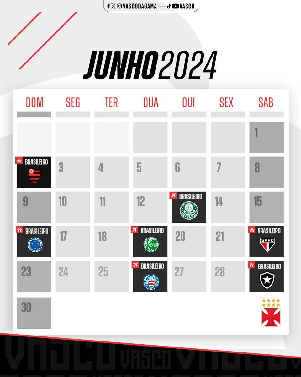 🗓️ Calendário de jogos do #VascoDaGama no mês de junho ⚽💢