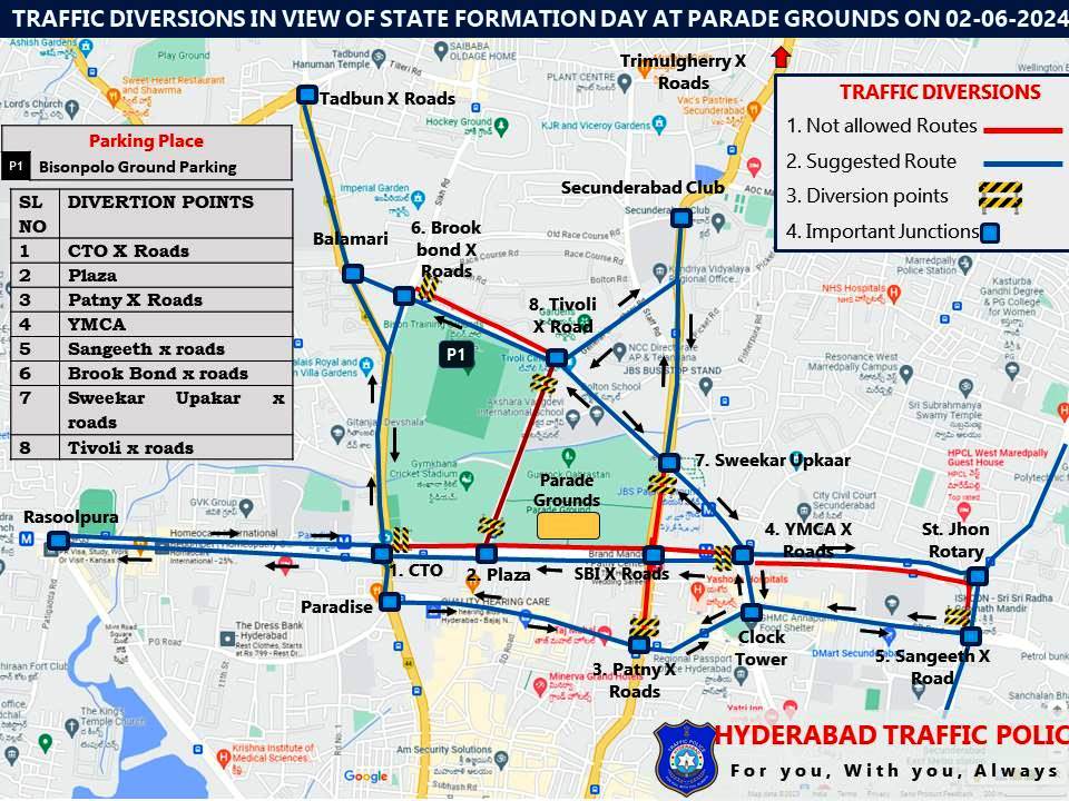 #HYDTPinfo #TrafficAlert Commuters are requested to note the #TrafficAdvisory in view of #TelanganaStateFormationDay Celebrations on 𝟎𝟐-𝟎𝟔-𝟐𝟎𝟐𝟒 at #Gunpark, Nampally and #ParadeGrounds, Sec-bad. #TrafficRestrictions kindly reach us on #9010203626 for travel assistance.