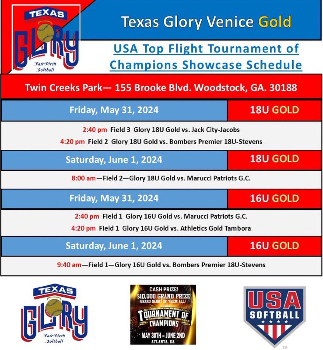 Had a great first day at the Tournament of Champions!! Made some great plays and 2-5 at the plate with a double and was able to twin with <a href="/BaeGarland2025/">Baelee Garland</a>  with a💣 into left center !

LETS KEEP IT ROLLIN GLORY❤️💙<a href="/Glory18u_Marino/">Texas Glory Venice 18U Gold - Marino</a>