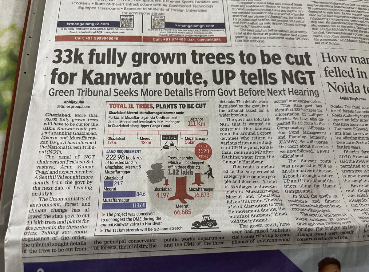 Uttar Pradesh Government gets clearance from Union Ministry of Environment to cut 1.1 Lakh trees and plants to make way for a separate corridor for Kanwariyas in three districts of Meerut, Ghaziabad and Muzaffarnagar. When religion blinds you.