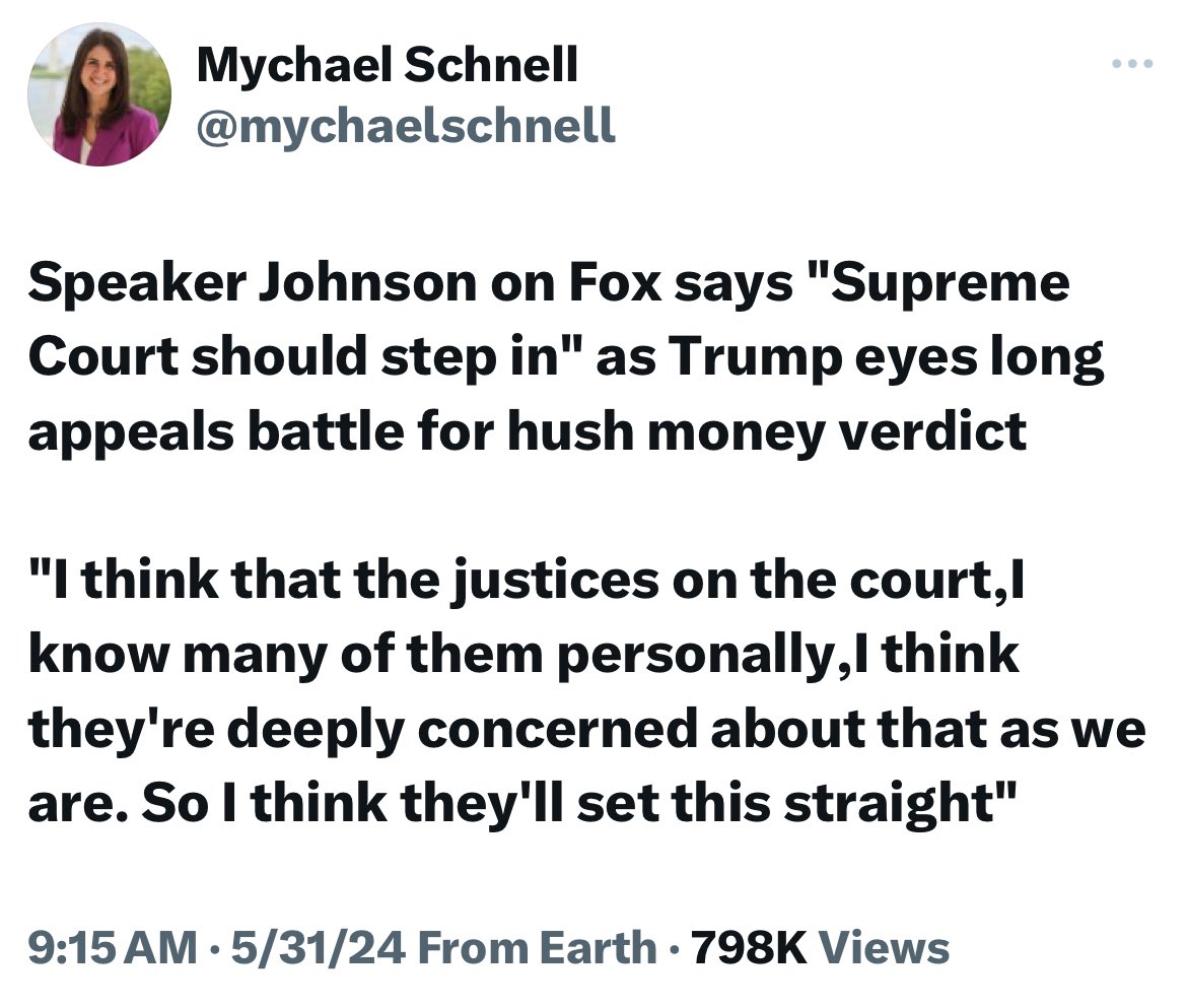 Wow. That’s quite the thing to admit on live television, @SpeakerJohnson. And personally, I can’t think of any better way for the current court to throw away its last molecule of public trust than for them to decide to overturn Trump’s conviction in Manhattan at your request.