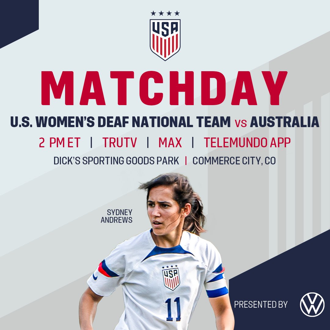 U.S. Soccer Extended National Teams (@ussoccer_ent) on Twitter photo HISTORY IN THE MAKING!
𝗜𝗻𝘁𝗲𝗿𝗻𝗮𝘁𝗶𝗼𝗻𝗮𝗹 𝗙𝗿𝗶𝗲𝗻𝗱𝗹𝘆
🇺🇸 USA vs Australia 🇦🇺
⌚️2 PM ET
📍 Denver, CO
📺 TruTV / Max / Telemundo App
Match Preview » ussoc.cr/deafWNTvsAUS
#USdeafWNT x <a href="/VW/">Volkswagen</a> HISTORY IN THE MAKING!
𝗜𝗻𝘁𝗲𝗿𝗻𝗮𝘁𝗶𝗼𝗻𝗮𝗹 𝗙𝗿𝗶𝗲𝗻𝗱𝗹𝘆
🇺🇸 USA vs Australia 🇦🇺
⌚️2 PM ET
📍 Denver, CO
📺 TruTV / Max / Telemundo App
Match Preview » ussoc.cr/deafWNTvsAUS
#USdeafWNT x <a href="/VW/">Volkswagen</a>
