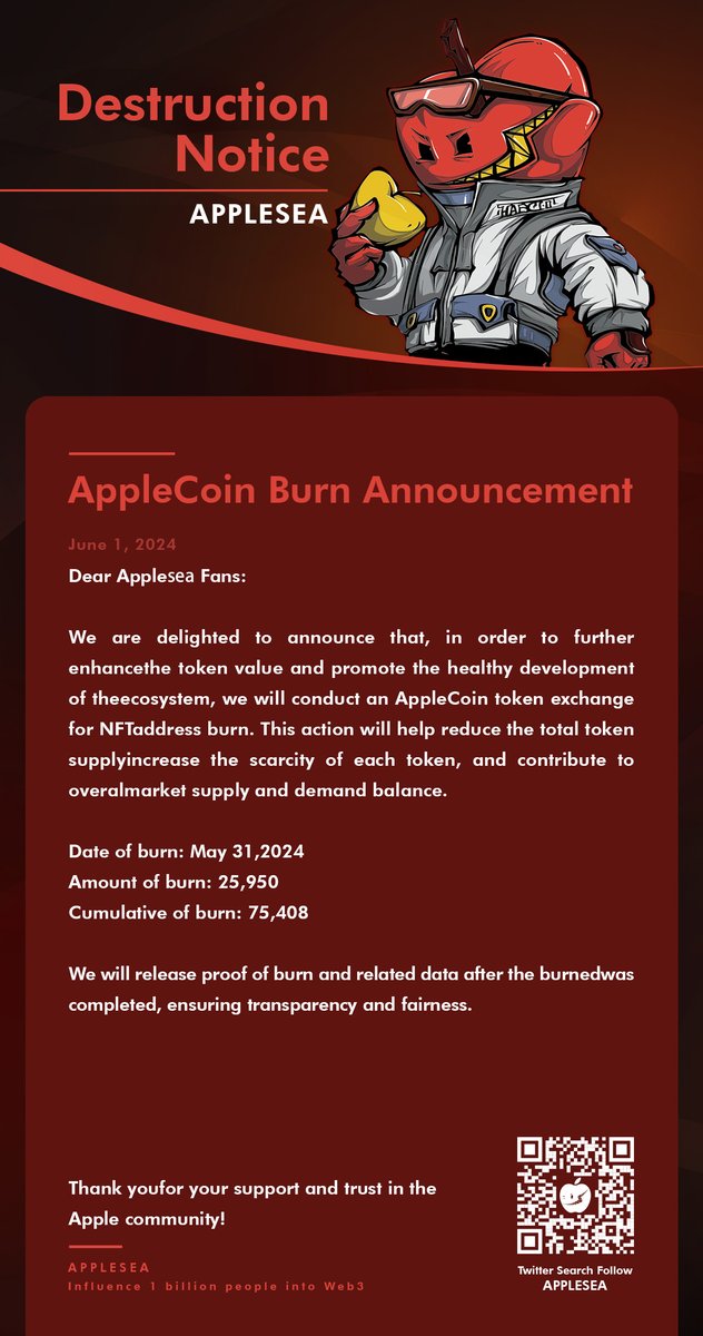 Applesea_io_EN's tweet photo. AppleCoin Burn Announcement  

Address: https://t.co/bh9p9EeeV1 https://t.co/6OgJaRXDrs