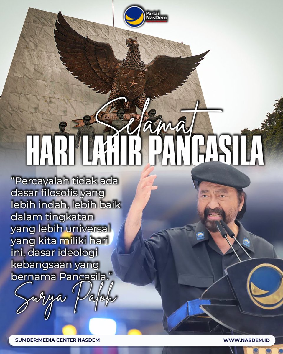 Selamat Memperingati Hari Lahir Pancasila 1 Juni 2024 Mari jadikan momentum hari lahir Pancasila untuk terus menjaga kebhinekaan, perkuat persatuan, dan kesatuan bangsa. #HarilahirPancasila #Pancasila #Indonesia #PartaiNasDem