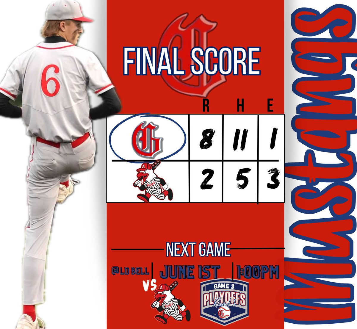 Gvinebaseball's tweet image. Mustangs get a BIG WIN to tie the series! 
See 🫵🏻 tomorrow for Game 3! Let’s Go Mustangs!