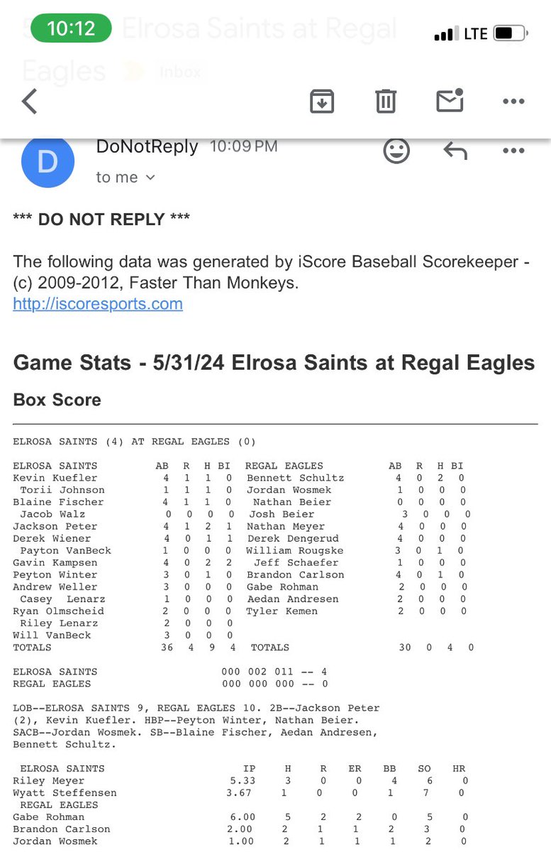 Nobody skunks the Saints! The local 24 pick up the first win on the young season as we beat Regal 4-0. Riley Meyer grabs the Miller Lite Player of the Game with 5 1/3. <a href="/jackson_peter7/">Jackson Peter</a> 2 2Bs, Gavo 2 hits and 2 broken bats. <a href="/WyattSteff/">Wyatt Steffensen</a> excellent in relief!