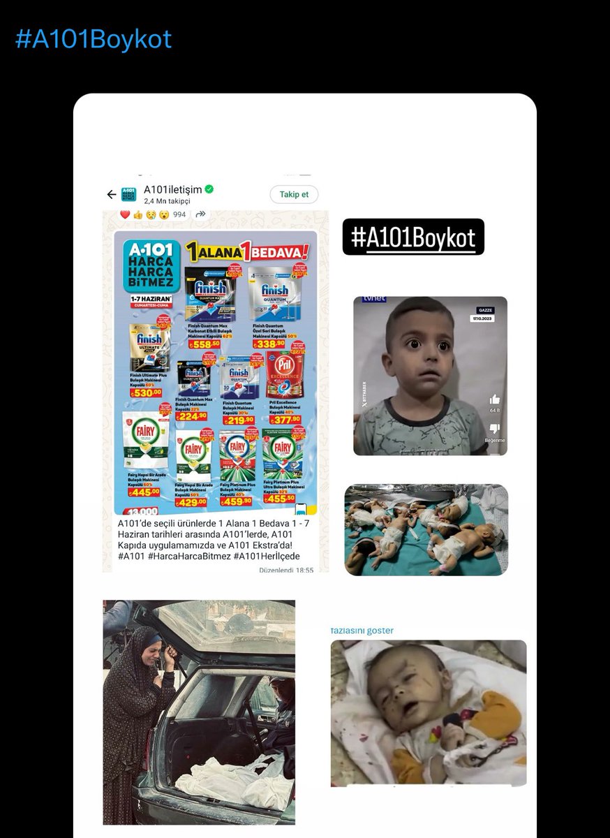 Boykot ürünlerini büyük indirimlerle satarak İşgalcilere can suyu olan A101'i  kınıyoruz!

#A101Boykot etiketiyle tepkimizi gösterelim!