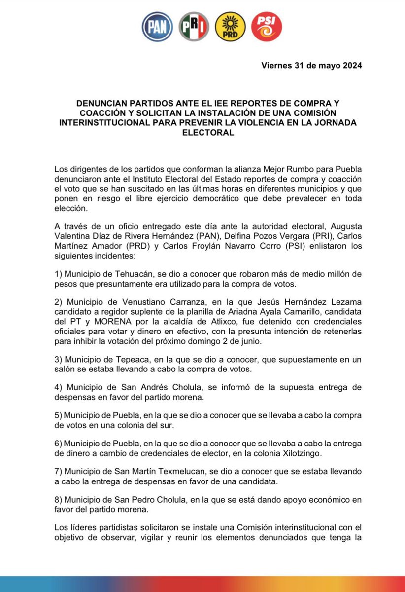 #Elecciones2024 🗳️ Los dirigentes del PRIANRDSI denunciaron ante el @Puebla_IEE la compra de votos por parte de @MorenaSi_Puebla en 8 municipios del estado, entre ellos Puebla, las Cholulas, Tepeaca, Tehuacán, San Martín Texmelucan, Tepeaca y Venustiano Carranza.