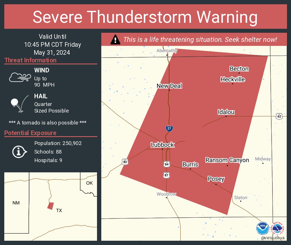 NWSLubbock's tweet image. Severe Thunderstorm Warning continues for Lubbock TX, Idalou TX and  Ransom Canyon TX until 10:45 PM CDT. This destructive storm will contain wind gusts to 90 MPH!