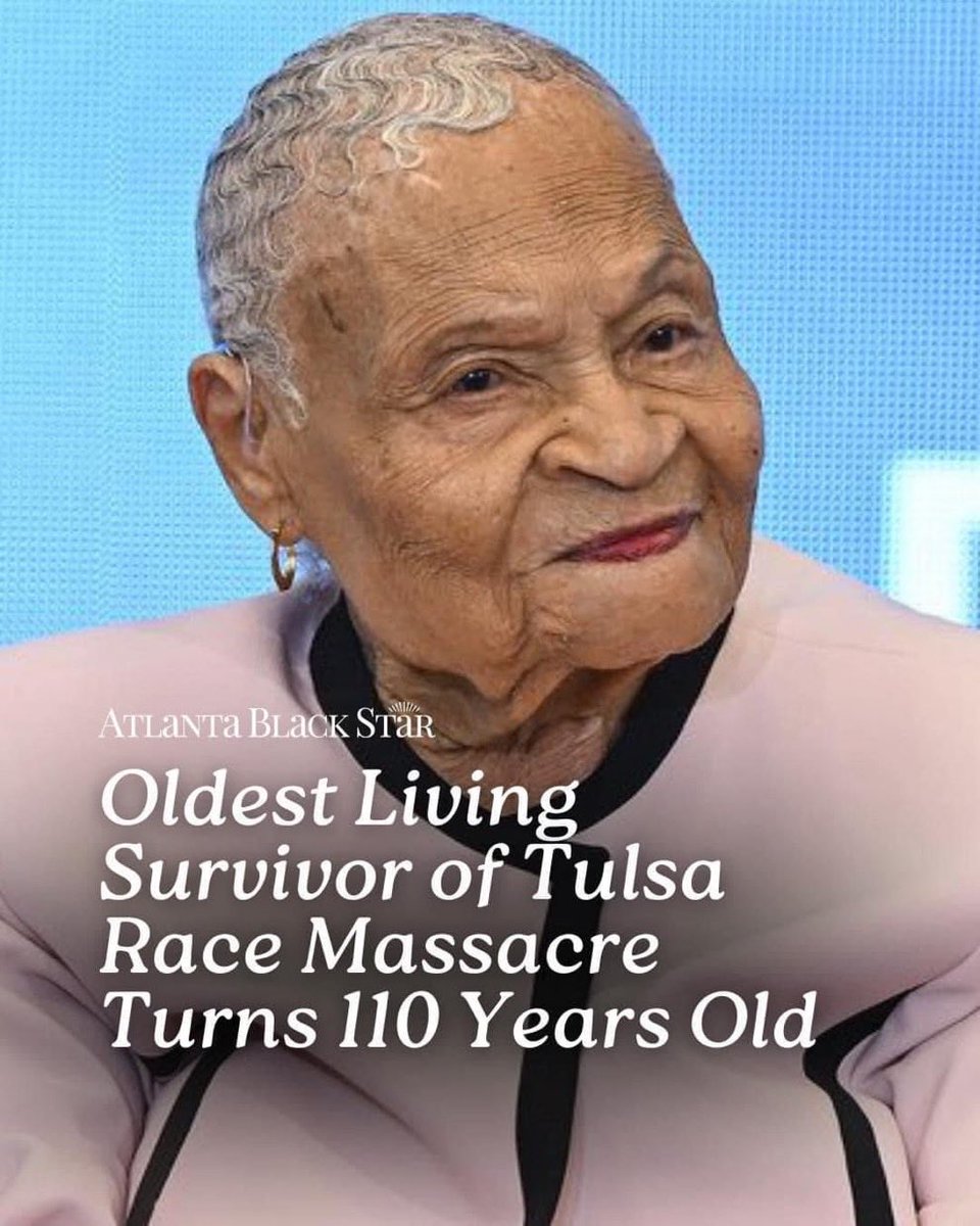 dijoni's tweet image. She is one of the last surviving victim of the race massacre Oklahoma 1921. the white mob went to a murder campaign May 31 to June 1, 1921. They bombed and burned down the black Wall Street.. it’s time America pay reparation to black Americans.