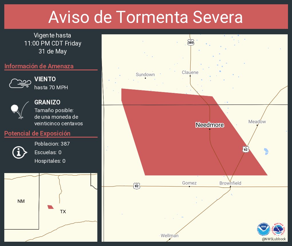 Aviso de Tormenta Severa continúa Needmore TX hasta las 11:00 PM CDT. ¡Esta tormenta contiene ráfagas de vientos de 70 MPH!