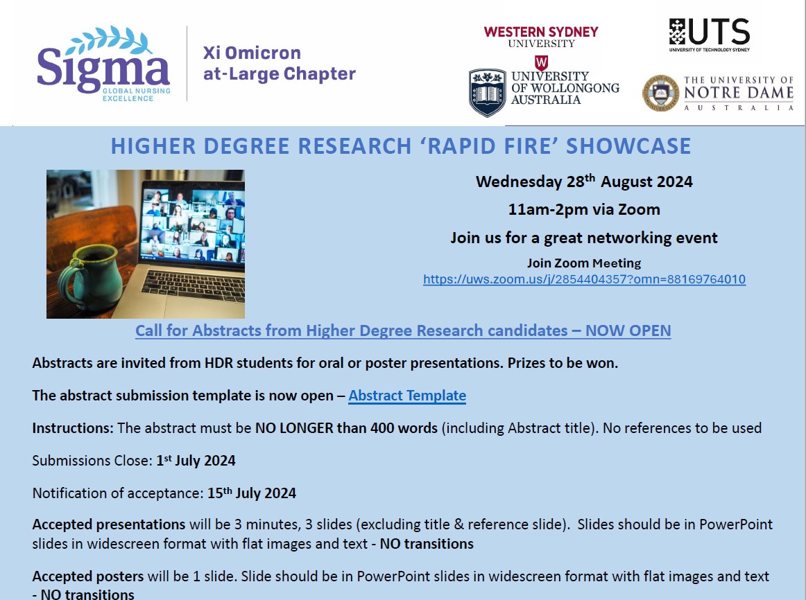 SigmaOceania (@sigmaoceania) on Twitter photo Calling all <a href="/SigmaOceania/">SigmaOceania</a> HDR candidates! Join <a href="/sigmaxiomicron/">SigmaNursing XiOmicronAtLarge</a> chapter at their Rapid Fire Showcase Calling all <a href="/SigmaOceania/">SigmaOceania</a> HDR candidates! Join <a href="/sigmaxiomicron/">SigmaNursing XiOmicronAtLarge</a> chapter at their Rapid Fire Showcase