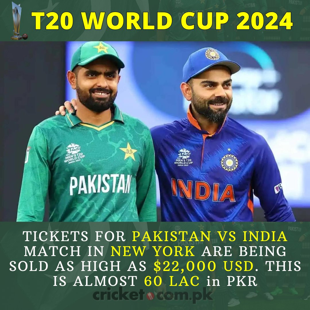 cricpk's tweet photo. The Tickets for Pakistan vs India Match in New York are being sold as high as 22,000 USD. 

#T20WorldCup #PAKvIND #INDvPAK #BabarAzam #ViratKohli https://t.co/CBetDNJd9j