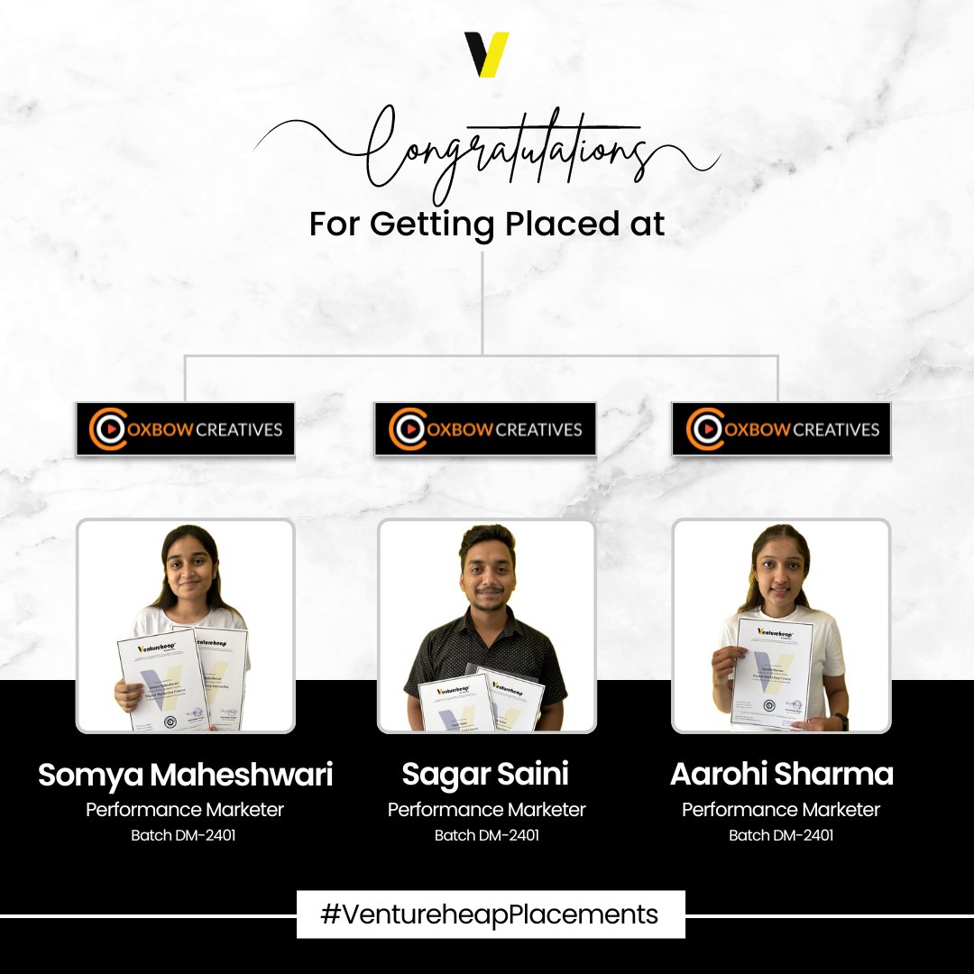 vh_academy's tweet image. Congratulations🎉 Somya Maheshwari, Sagar Saini, and Aarohi Sharma for getting placed in Oxbow Creatives after completing 4 months of Digital Marketing Course and Internship.💛

#placement2024 #performancemarketer #digitalmarketingcourse #digitalmarketing #job