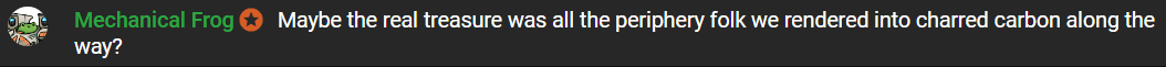 Big_Red_BT's tweet photo. I for one, am shocked AND horrified to find out, that @TheMechFrog in fact, supported the destruction, and annihilation of the #Periphery States at the hands of the #StarLeague / #SLDF / Great Houses.
What kind of world do we live in, where people would do this?
The reunification wars were bad. I for one, stand with the brave soldiers of the #TaurianConcordat! Who just believed in FREEDOM.
I, for one, have always believed in the periphery's right of self determination!
#Battletech